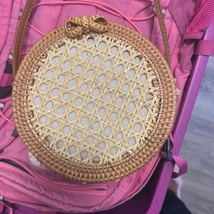 Two tone rattan circle shoulder bag